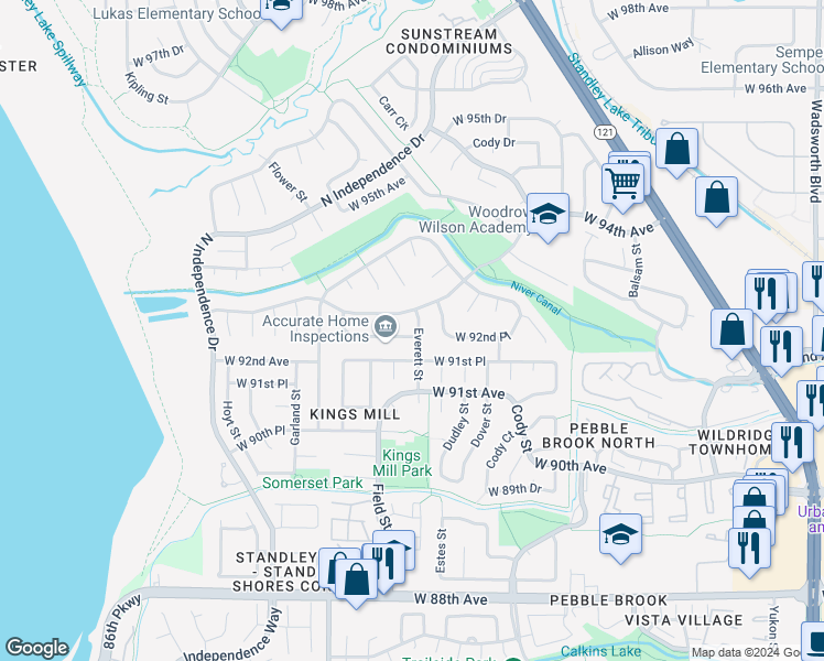map of restaurants, bars, coffee shops, grocery stores, and more near 8913 West 92nd Avenue in Westminster
