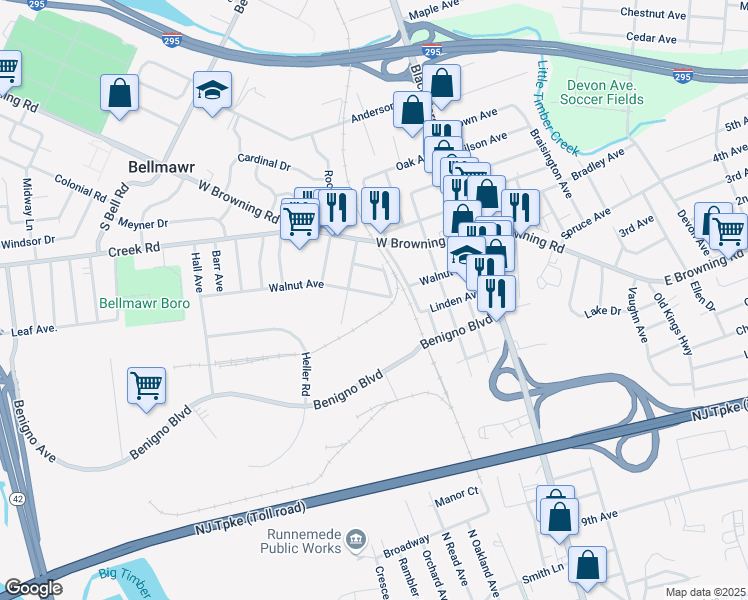 map of restaurants, bars, coffee shops, grocery stores, and more near 118 Walnut Avenue in Bellmawr