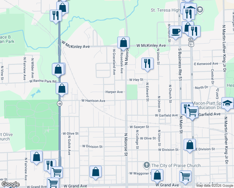 map of restaurants, bars, coffee shops, grocery stores, and more near 2100-2158 N Graceland Ave in Decatur