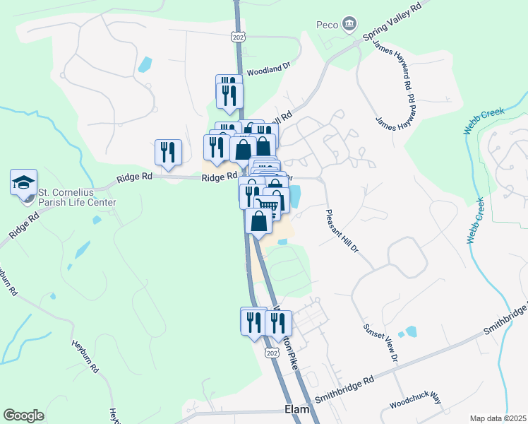 map of restaurants, bars, coffee shops, grocery stores, and more near 257 Wilmington West Chester Pike in Glen Mills