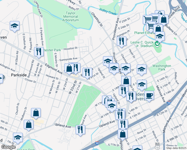 map of restaurants, bars, coffee shops, grocery stores, and more near 2103 Madison Street in Chester