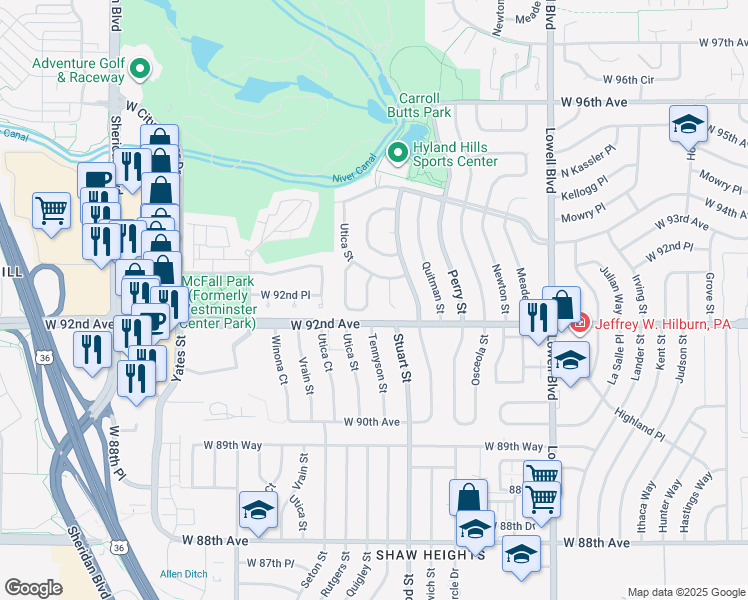 map of restaurants, bars, coffee shops, grocery stores, and more near 9240 Tennyson Street in Westminster
