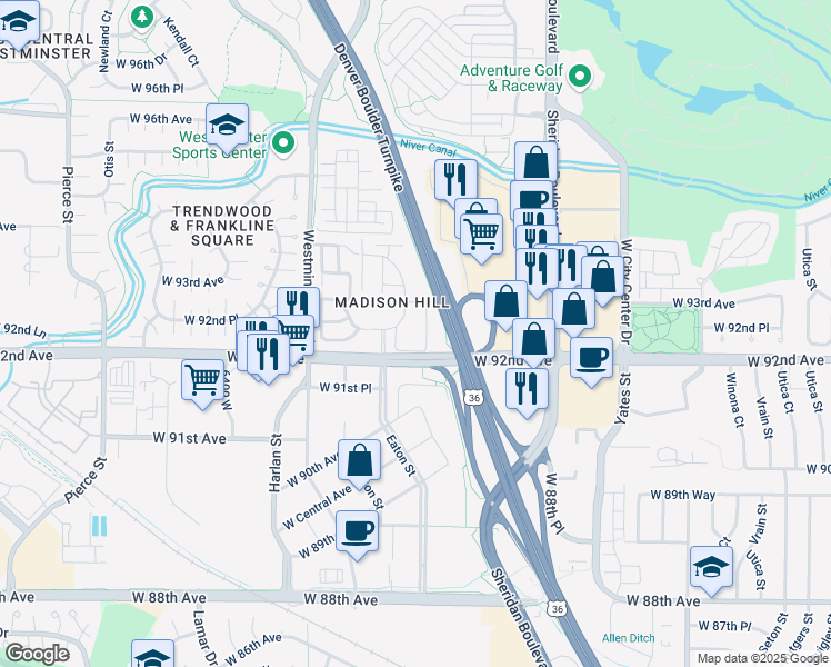 map of restaurants, bars, coffee shops, grocery stores, and more near 5711 West 92nd Avenue in Westminster