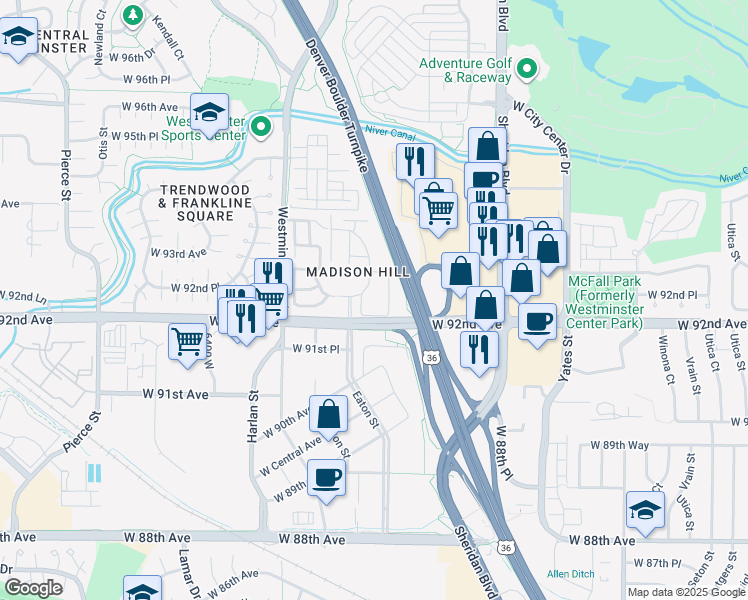 map of restaurants, bars, coffee shops, grocery stores, and more near 5711 West 92nd Avenue in Westminster