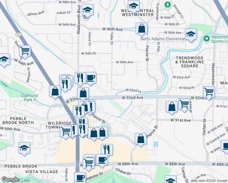 map of restaurants, bars, coffee shops, grocery stores, and more near 9210 Teller Street in Westminster