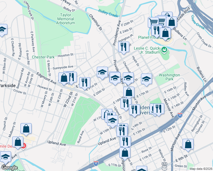 map of restaurants, bars, coffee shops, grocery stores, and more near 413 East 20th Street in Chester