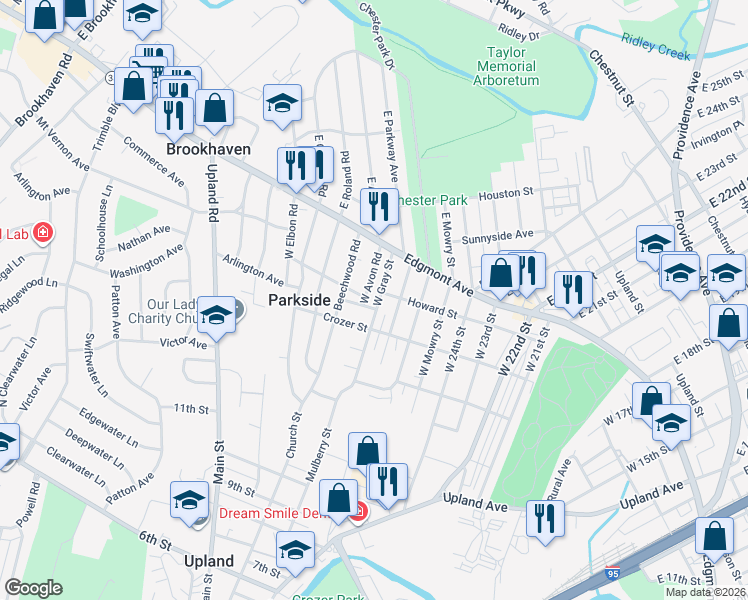 map of restaurants, bars, coffee shops, grocery stores, and more near 105 Gray Street in Chester
