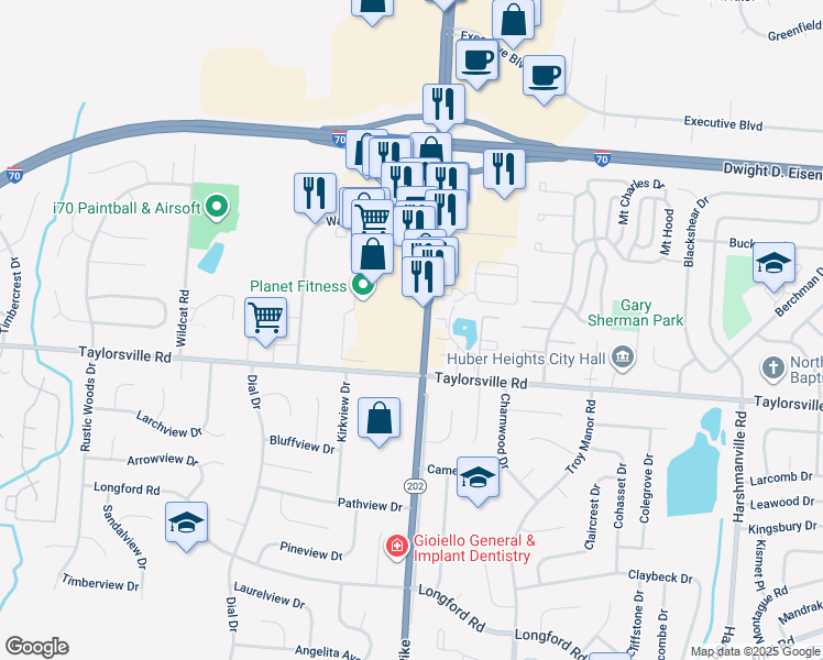 map of restaurants, bars, coffee shops, grocery stores, and more near 7500-7630 Old Troy Pike in Huber Heights