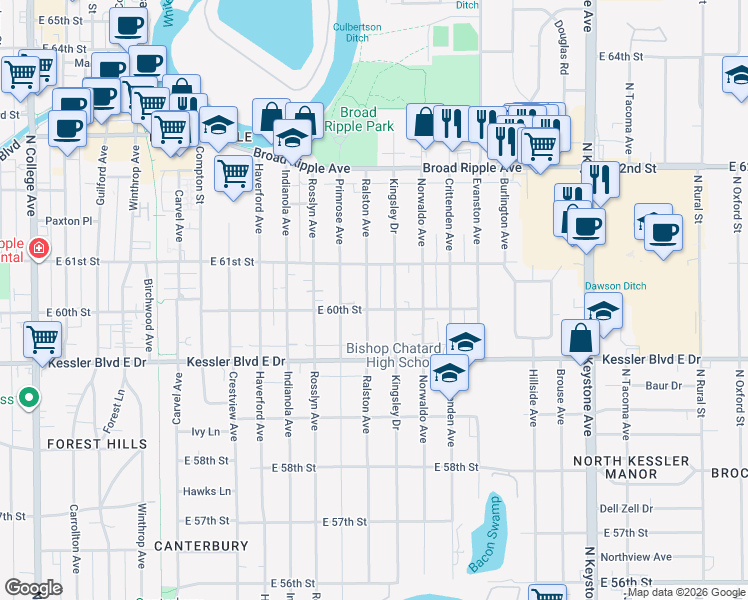 map of restaurants, bars, coffee shops, grocery stores, and more near 1651 East 60th Street in Indianapolis
