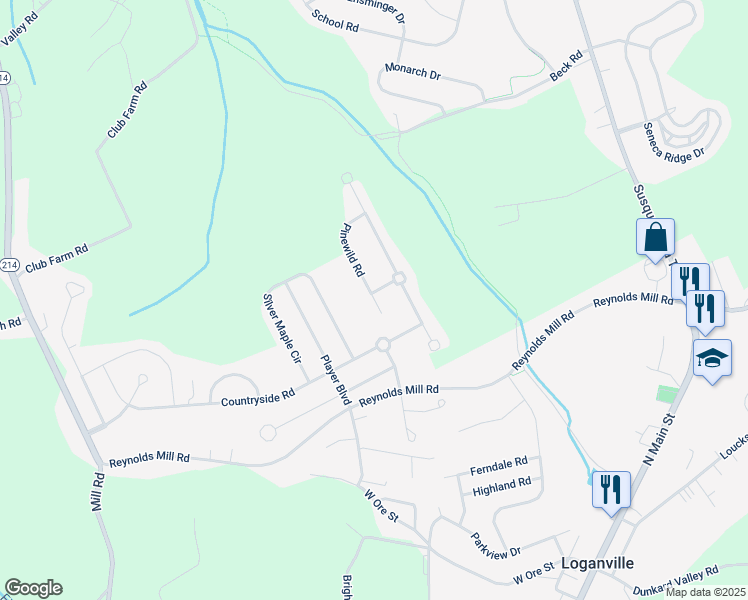 map of restaurants, bars, coffee shops, grocery stores, and more near 7656 Pinewild Road in Seven Valleys