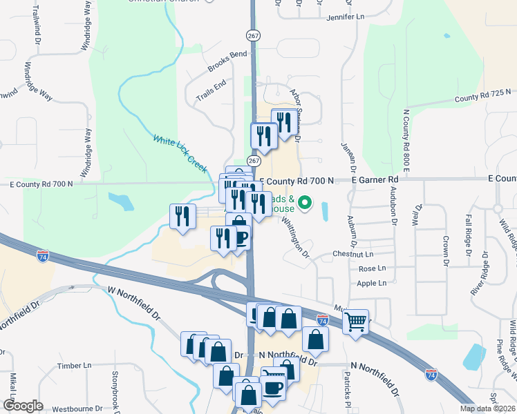 map of restaurants, bars, coffee shops, grocery stores, and more near 2 Whittington Drive in Brownsburg