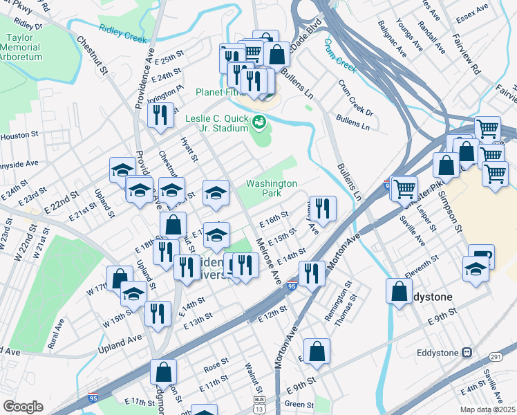 map of restaurants, bars, coffee shops, grocery stores, and more near 812 Glen Terrace in Chester