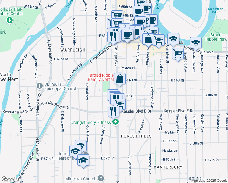 map of restaurants, bars, coffee shops, grocery stores, and more near 6018 North College Avenue in Indianapolis