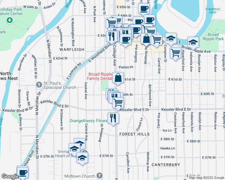 map of restaurants, bars, coffee shops, grocery stores, and more near 6018 North College Avenue in Indianapolis
