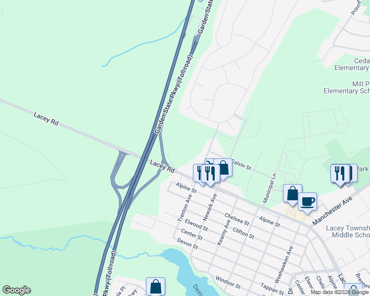 map of restaurants, bars, coffee shops, grocery stores, and more near Bayonne Avenue in Lacey Township
