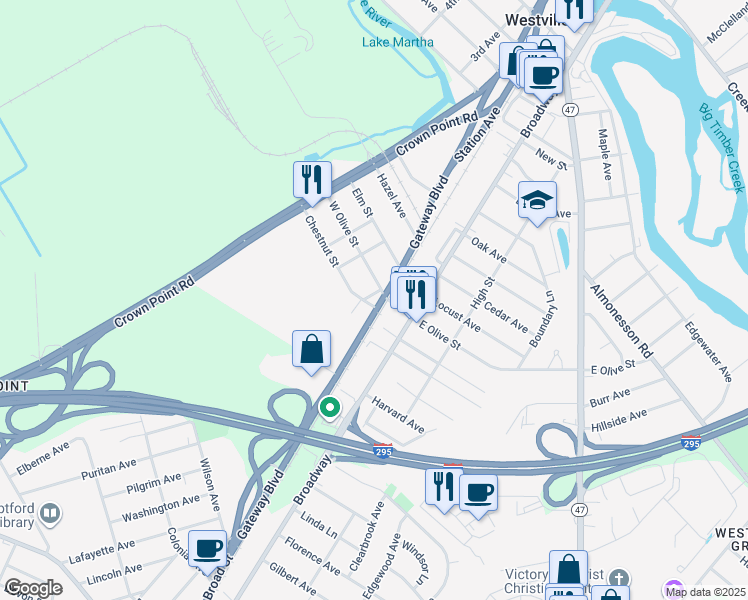 map of restaurants, bars, coffee shops, grocery stores, and more near 22 West Olive Street in Westville