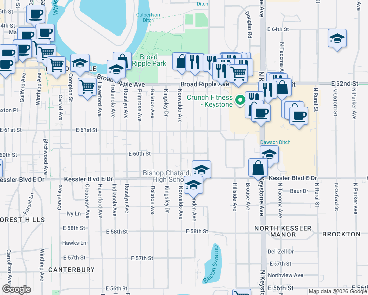 map of restaurants, bars, coffee shops, grocery stores, and more near 6002 Crittenden Avenue in Indianapolis