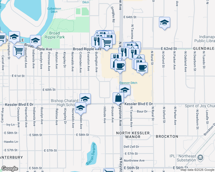 map of restaurants, bars, coffee shops, grocery stores, and more near 6004 Hillside Avenue East Drive in Indianapolis