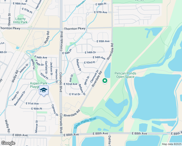 map of restaurants, bars, coffee shops, grocery stores, and more near 9642 Birch Lane in Thornton