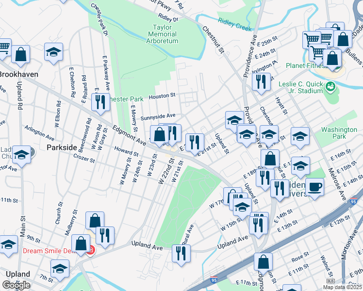 map of restaurants, bars, coffee shops, grocery stores, and more near 22 East 22nd Street in Chester