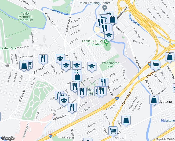 map of restaurants, bars, coffee shops, grocery stores, and more near 708 East 18th Street in Chester