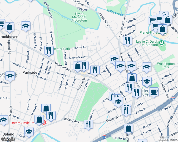 map of restaurants, bars, coffee shops, grocery stores, and more near 22 East 22nd Street in Chester