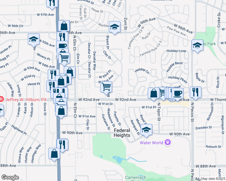 map of restaurants, bars, coffee shops, grocery stores, and more near 2311 West 92nd Avenue in Federal Heights