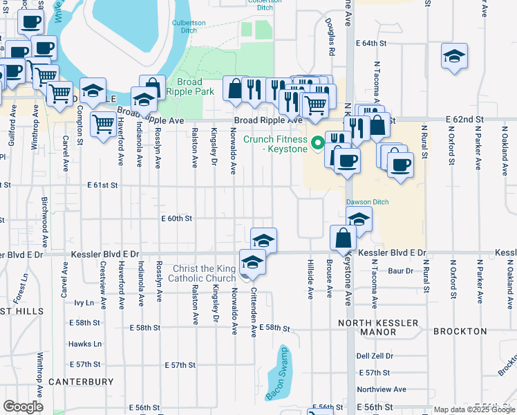 map of restaurants, bars, coffee shops, grocery stores, and more near 6002 Crittenden Avenue in Indianapolis