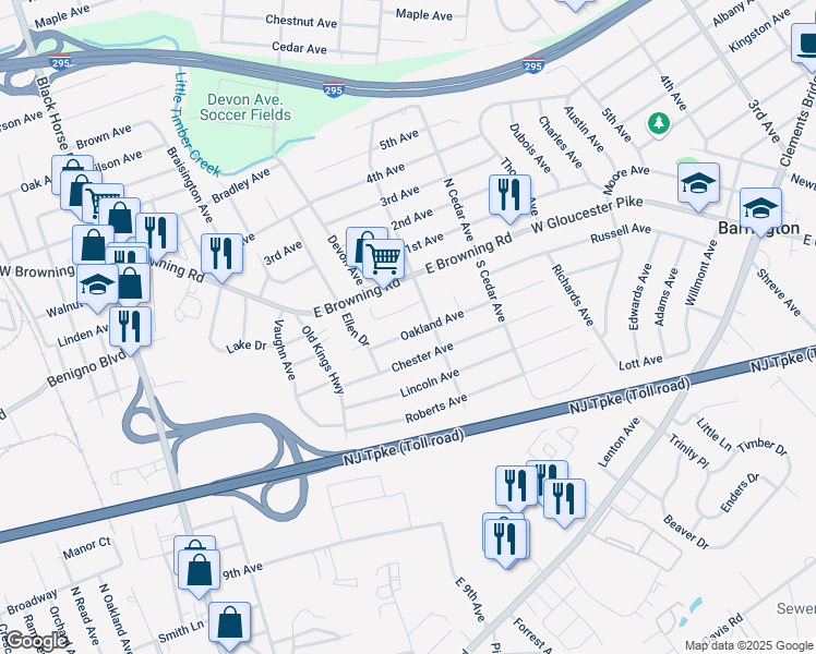 map of restaurants, bars, coffee shops, grocery stores, and more near 322 Oakland Avenue in Bellmawr