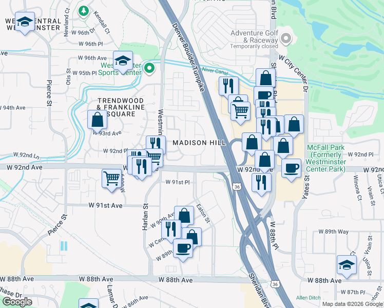 map of restaurants, bars, coffee shops, grocery stores, and more near 348 Eaton Street in Westminster