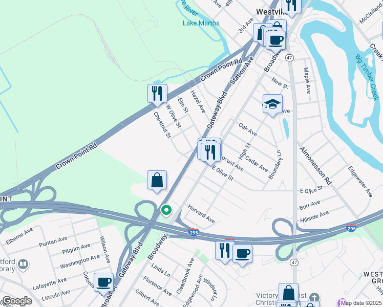 map of restaurants, bars, coffee shops, grocery stores, and more near 22 West Olive Street in Westville