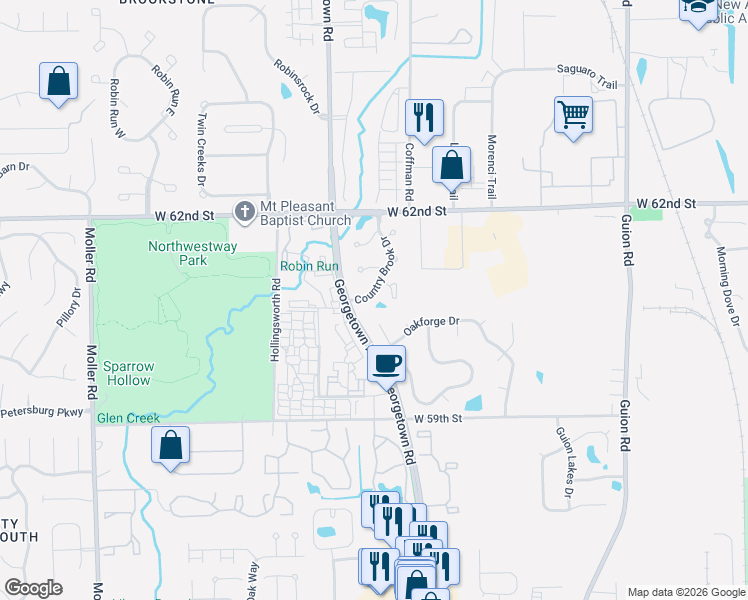 map of restaurants, bars, coffee shops, grocery stores, and more near 6033 Sycamore Forge Drive in Indianapolis