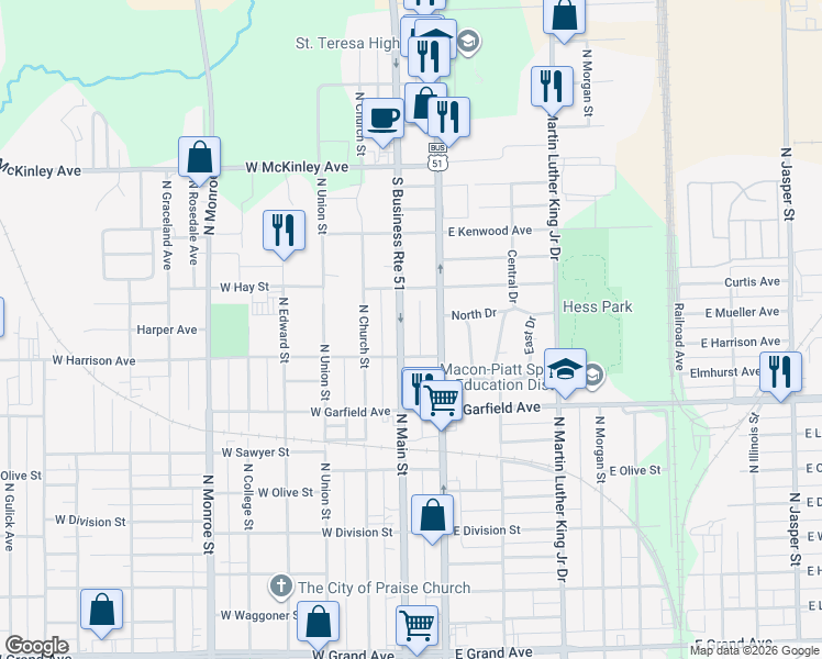 map of restaurants, bars, coffee shops, grocery stores, and more near 2116 North Main Street in Decatur
