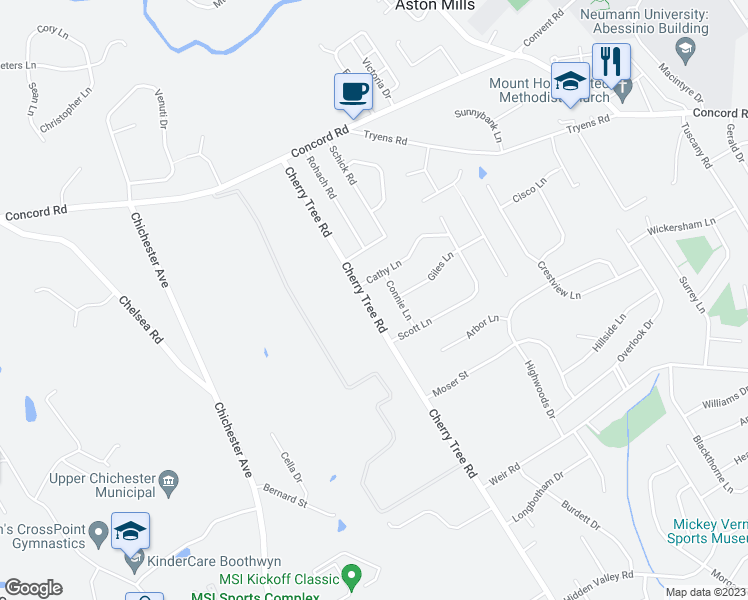 map of restaurants, bars, coffee shops, grocery stores, and more near 520 Cherry Tree Road in Upper Chichester