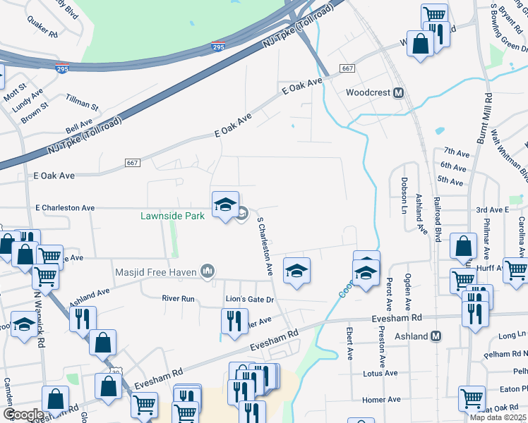 map of restaurants, bars, coffee shops, grocery stores, and more near 241 South Charleston Avenue in Lawnside