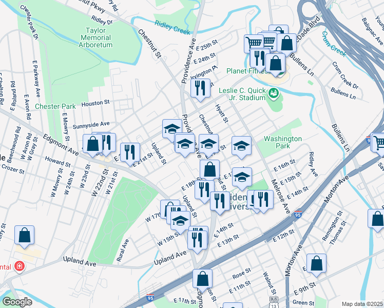 map of restaurants, bars, coffee shops, grocery stores, and more near 1920 Providence Avenue in Chester
