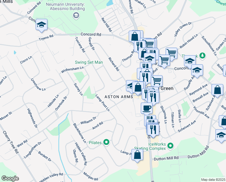 map of restaurants, bars, coffee shops, grocery stores, and more near 2650 Bancroft Drive in Aston