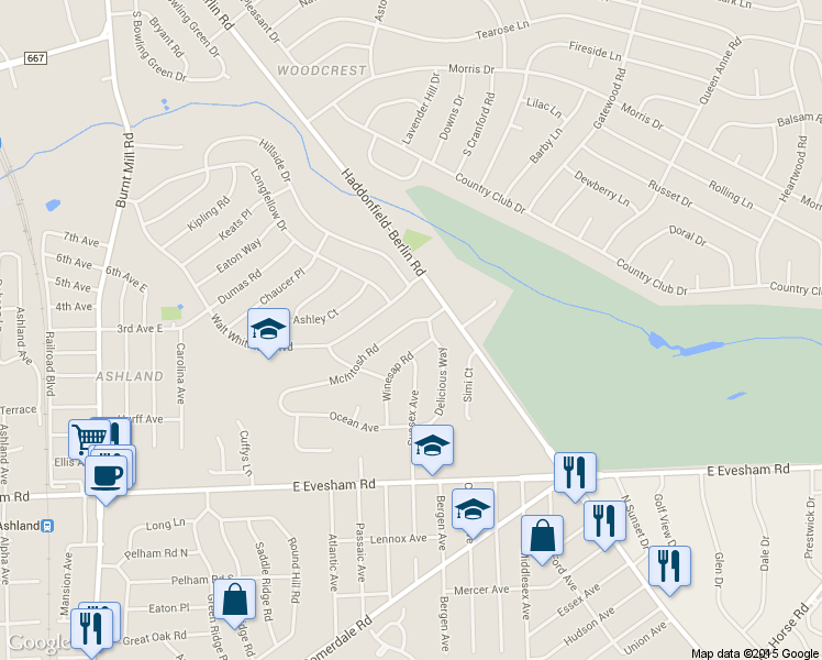 map of restaurants, bars, coffee shops, grocery stores, and more near 108 McIntosh Road in Cherry Hill
