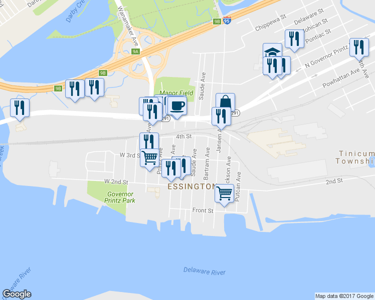 map of restaurants, bars, coffee shops, grocery stores, and more near 315 Carre Avenue in Essington