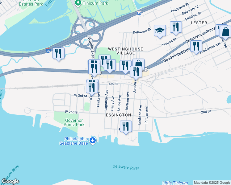 map of restaurants, bars, coffee shops, grocery stores, and more near 315 Carre Avenue in Essington