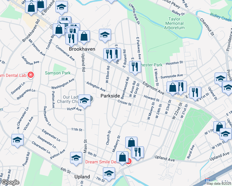 map of restaurants, bars, coffee shops, grocery stores, and more near 139 W Roland Rd in Brookhaven