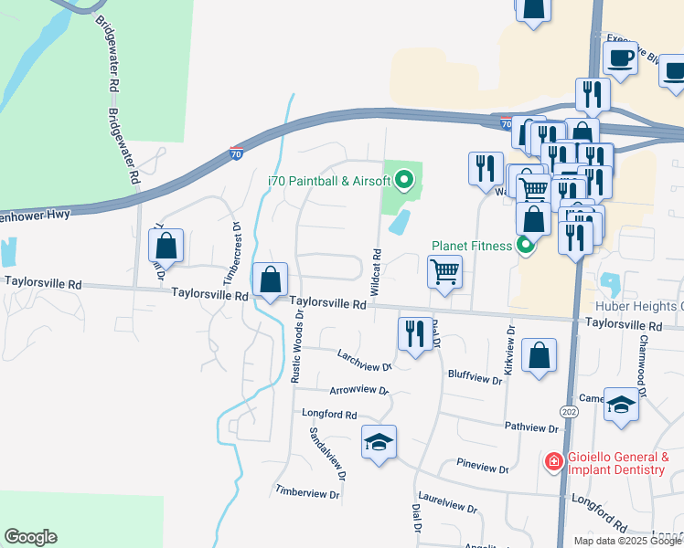 map of restaurants, bars, coffee shops, grocery stores, and more near 4853 Meadowvista Drive in Huber Heights