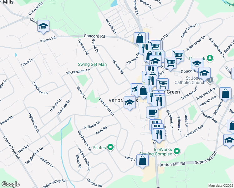 map of restaurants, bars, coffee shops, grocery stores, and more near 2650 Bancroft Drive in Aston