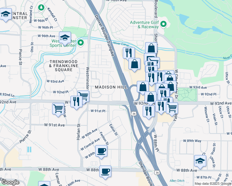 map of restaurants, bars, coffee shops, grocery stores, and more near 5711 West 92nd Avenue in Westminster