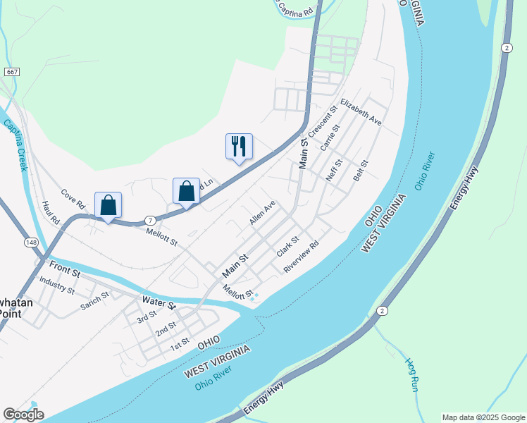 map of restaurants, bars, coffee shops, grocery stores, and more near 136 Allen Avenue in Powhatan Point