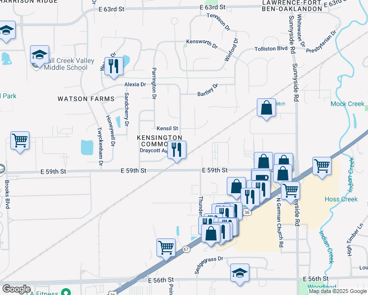 map of restaurants, bars, coffee shops, grocery stores, and more near 5947 Liverpool Lane in Indianapolis