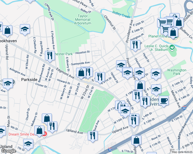 map of restaurants, bars, coffee shops, grocery stores, and more near 46 East 22nd Street in Chester