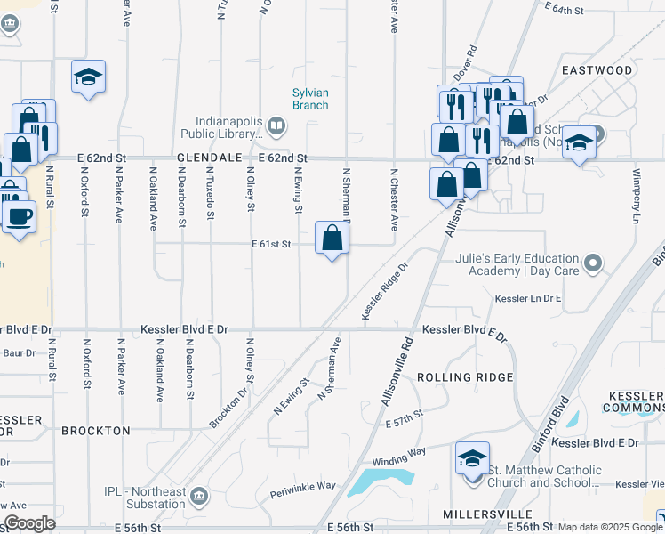 map of restaurants, bars, coffee shops, grocery stores, and more near in Indianapolis