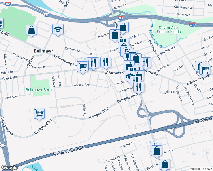 map of restaurants, bars, coffee shops, grocery stores, and more near 118 Walnut Avenue in Bellmawr