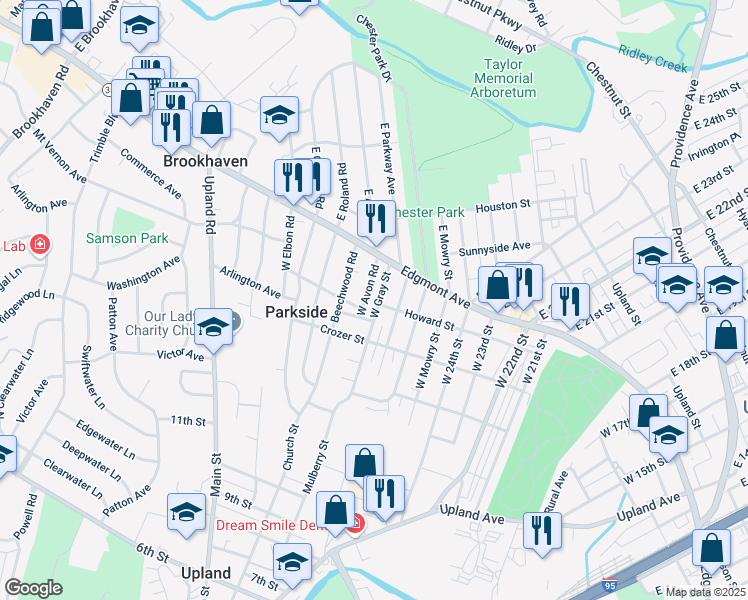 map of restaurants, bars, coffee shops, grocery stores, and more near 105 Gray Street in Chester
